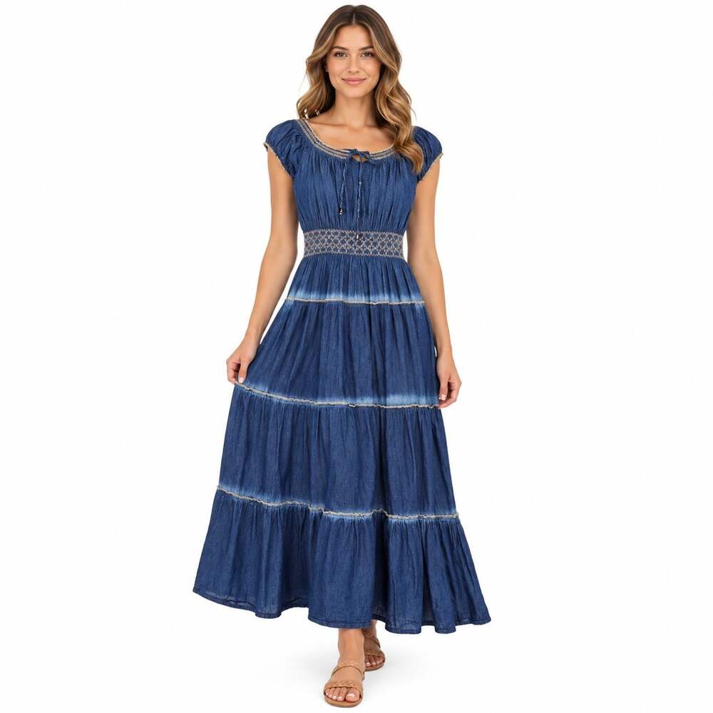 Indigo & Lace Denim Chambray Smocked Tiered Maxi Dress M Western Boho Peasant